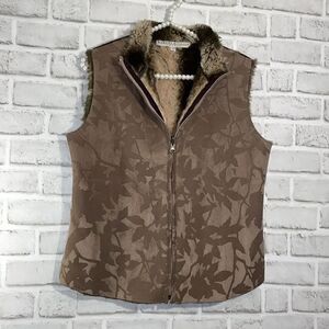 Robert Kitchen Canada Faux Fur Lined Women’s Vest Leaf Pattern Reversible Sz SP